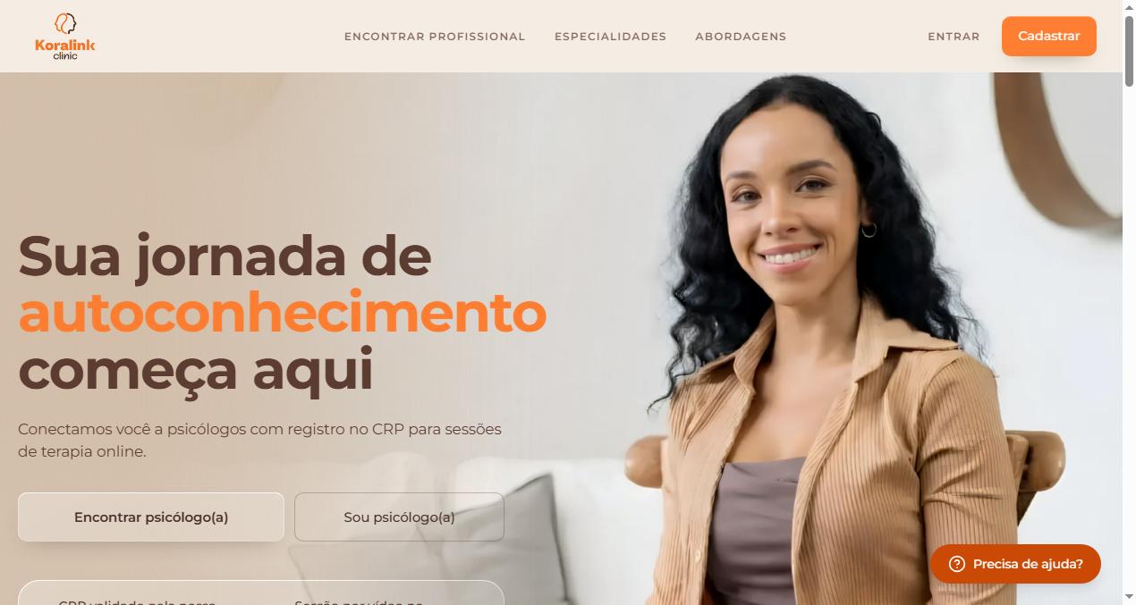 Tela do Koralink: encontrar psicólogo online