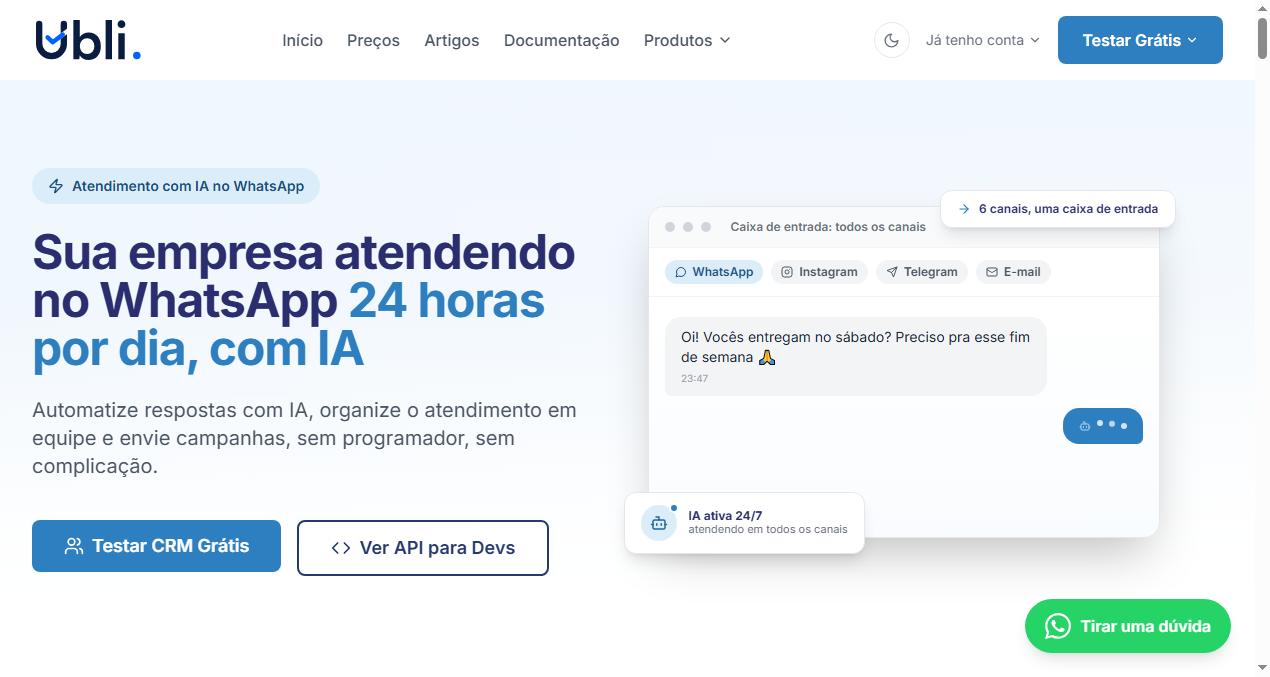 Tela do Ubli: atendimento no WhatsApp com inteligência artificial